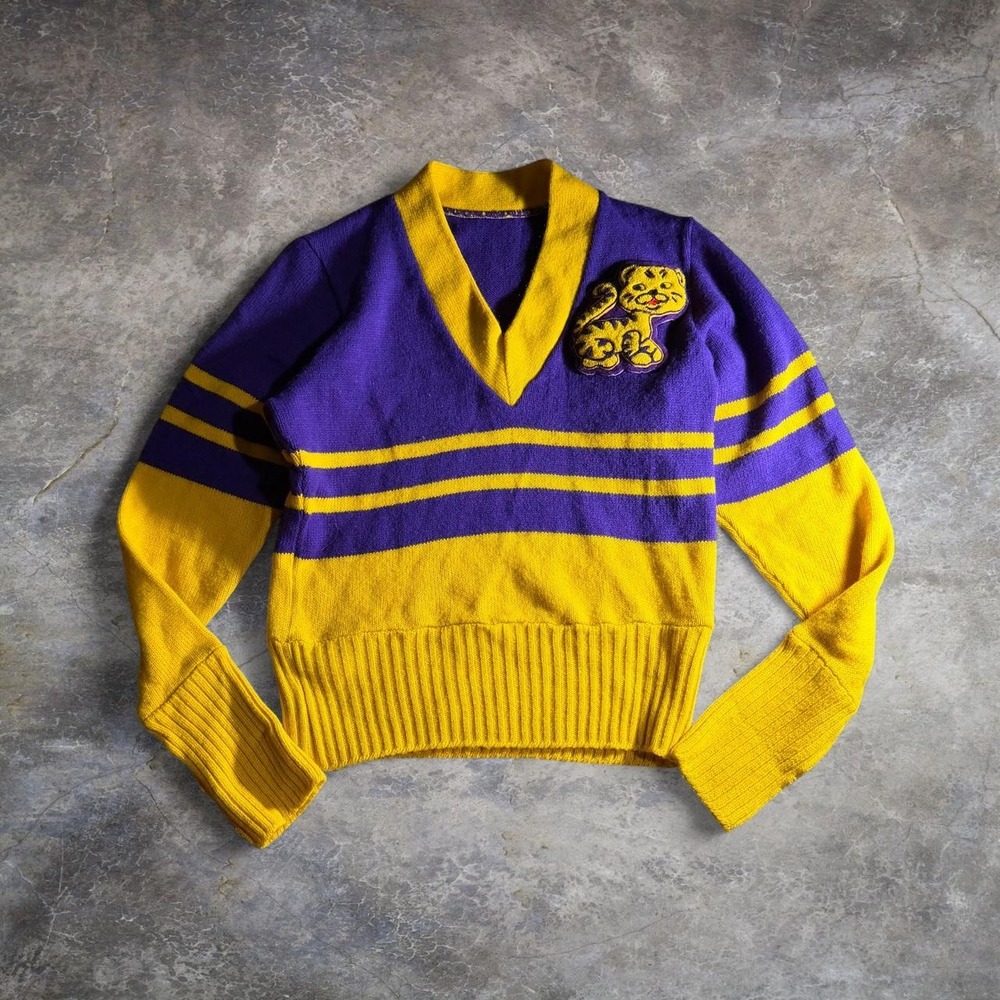 Vintage 80s LSU Tigers Wool Sweater Purple Yellow V-Neck Chenille Patch Womens